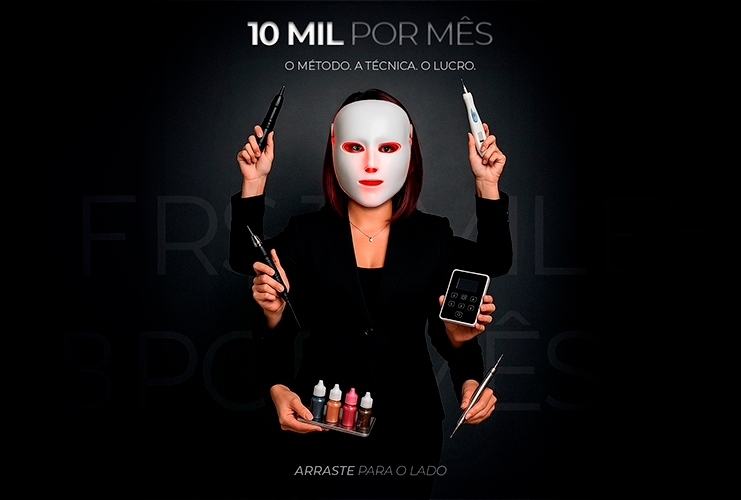 "Jéssica Sizina usando máscara de LED com múltiplos instrumentos de estética, incluindo dermógrafos e pigmentos, representando o curso de camuflagem e BB Glow com faturamento de até 10 mil por mês."
