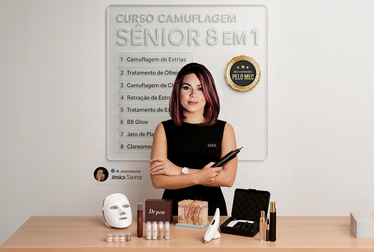 "Professora Jéssica Sizina apresenta o Curso de Camuflagem Sênior 8 em 1 da Kohl, com técnicas reconhecidas pelo MEC."